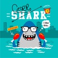 Cool shark is eating chicken,animal cartoon,vector illustration