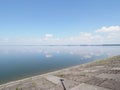 Cool shore and landscape of artificial european Goczalkowice Reservoir in Poland with beauty clouds on blue sky