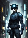 Cool single antropomorphic swat special ops cat with weapon. AI generated