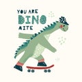 Cool skateboard dinosaur Active skating dino boy. Cute dino lettering quote - You are dinomite. Hand drawing cartoon Royalty Free Stock Photo