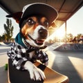 cool skater dog riding a skateboard at a skatepark