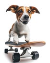 cool skater dog riding a skateboard on a white background