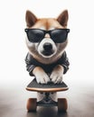 cool skater dog riding a skateboard on a white background