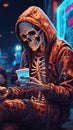 Cool Skeleton in Cyberpunk Streetwear Holding Cigarette and Smartphone AI Generated