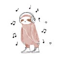Cool sloth listening to the music in headphones