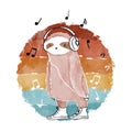 Cool sloth listening to the music in headphones illustration.