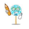 Cool smart lollipop student character holding pencil