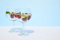 Cool sparkling water, lemonade, water, cocktail with fresh cherries and mint leaves stands on a pastel blue background. Summer Royalty Free Stock Photo