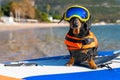 Cool sports dachshund dog in specialized sunglasses for pets with polarizing lenses and life jacket sits on stiffest Royalty Free Stock Photo