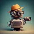 A cool standing robot wearing glasses and a hat holding a camera poses,preparing for an advertisement. generative ai