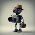 A cool standing robot wearing glasses and a hat holding a camera poses,preparing for an advertisement. generative ai