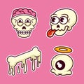 Cool sticker pack of funny cartoon doodle. Vector illustration of skull face, bone and eye. Isolated on premium vector