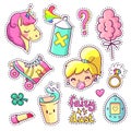 Cool stickers set in 80s-90s pop art comic style. Patch badges and pins with cartoon characters, food and things. Vector