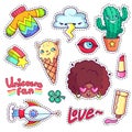 Cool stickers set in 80s-90s pop art style. Patch badges and pins with cartoon characters, food and things. Vector crazy doodles