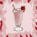 Strawberry Milkshake recipe. Menu element for cafe or restaurant with milk fresh drink. Fresh cocktail for healthy life