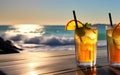Cool summer drinks with blurred beach, sea and palm tree in the background Royalty Free Stock Photo