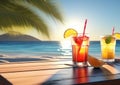 Cool summer drinks with blurred beach, sea and palm tree in the background Royalty Free Stock Photo