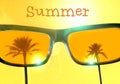 Cool summer grunge poster with palm trees reflecting in sunglasses with text summer - stock