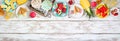 Cool summer treats top border on a white wood banner background