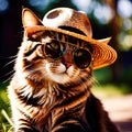 Cool summer vibes, cat wearing sunglasses and straw hat