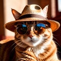 Cool summer vibes, cat wearing sunglasses and straw hat