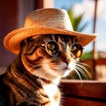 Cool summer vibes, cat wearing sunglasses and straw hat