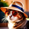 Cool summer vibes, cat wearing sunglasses and straw hat