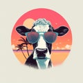 Cool Sunset Holstein Cattle Wearing Sunglasses - Hand-drawn Minimalist Illustration Royalty Free Stock Photo