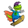 Cool superhero dinosaur on skateboard. Funny vector cartoon tyrannosaurus. Design for print, emblem, t-shirt, party decoration, Royalty Free Stock Photo