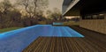 Cool swimming pool with blue lighting on the roof of a modern private house. Wooden terrace. The steps are translucent under clear