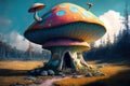 Tall Goblin Mushroom Home Surrounded By Forest In Front Of Blue Cloudy Sky Background - Generative AI