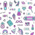 Cool teenager girl stuff and words seamless pattern drawing
