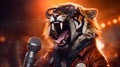 A cool tiger is roaring into a microphone at a rock concert, creating an electrifying atmosphere Generative AI