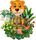 Cool Tiger With Tropical Plant Flower Cartoon