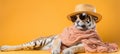 Cool tiger wearing sunglasses and hat travel concept on pastel background with copy space