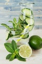 Cool transparent summer lemonade in glass with straw, bottle and ingredients - green cucumber, lime, mint on retro blue wood board