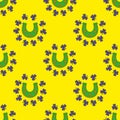 Cool trendy pattern with clover. Bright shamrock leaves on a yellow background. Hand-drawn seamless pattern. Cute saint patrick