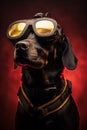 cool trendy posing dog with big sunglasses looking like a model , isolated on black and red background. Generated AI Royalty Free Stock Photo