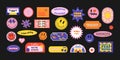 Cool trendy retro stickers with smile faces, cartoon comic label patches. Funky, hipster retrowave stickers in geometric