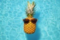 Cool tropical summer pineapple wearing sunglasses floating in a swimming pool. Generative ai