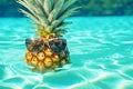 Cool tropical summer pineapple wearing sunglasses floating in a swimming pool. Generative ai