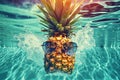 Cool tropical summer pineapple wearing sunglasses floating in a swimming pool. Generative ai