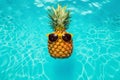 Cool tropical summer pineapple wearing sunglasses floating in a swimming pool. Generative ai