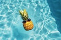 Cool tropical summer pineapple wearing sunglasses floating in a swimming pool. Generative ai