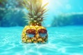 Cool tropical summer pineapple wearing sunglasses floating in a swimming pool. Generative ai