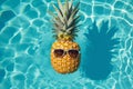 Cool tropical summer pineapple wearing sunglasses floating in a swimming pool. Generative ai