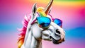 Cool unicorn head, character in sunglasses, wild fiction animal, colorful portrait