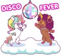 Cool unicorns dancing at the disco under the mirrorball, 70s disco fever