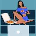 Cool vector concept illustration on woman sitting on couch watching laptop.