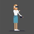 Cool vector concept on virtual reality headset in use. Girl experiences full immersion into virtual reality trying to